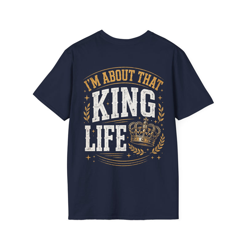 Navy t-shirt with small I'M ABOUT THAT KING LIFE chest emblem, alternate view.