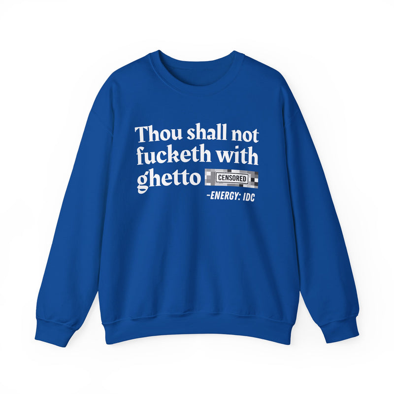T-Shirt with text design reading “THOU SHALL NOT FUCKETH WITH GHETTO CENSORED BITCH VINTAGE FUNNY BIBLE PRINT SLOGAN T-SHIRT V2”, front view