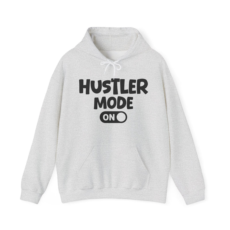 Black hoodie with white bubble lettering reading HUSTLER MODE ON, alternate view.