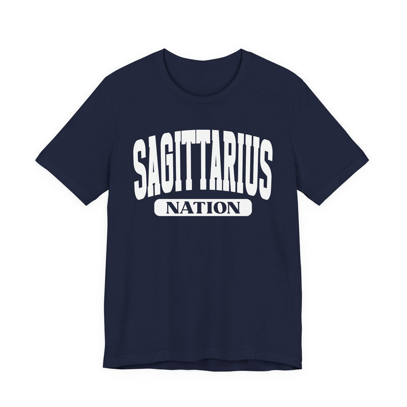 Navy t-shirt with white arched SAGITTARIUS collegiate lettering and NATION banner print, front flat-lay view.