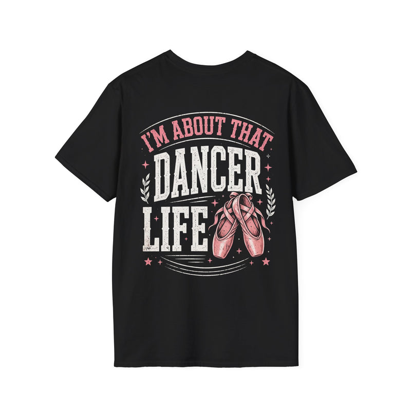 Black t-shirt with white and pink western lettering reading "I'M ABOUT THAT DANCER LIFE", back flat-lay view.