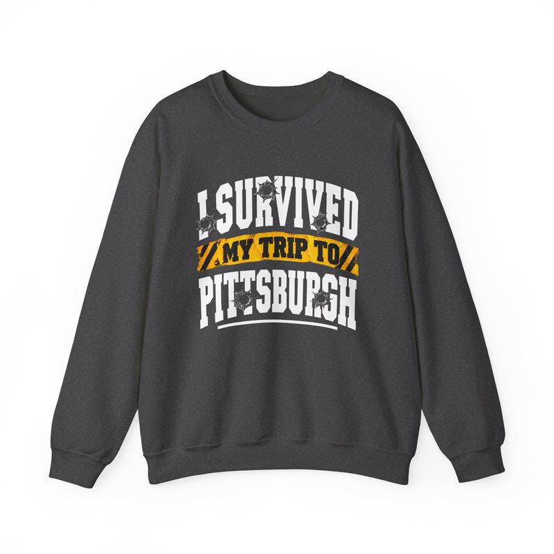 Sweatshirt product with collegiate lettering reading I SURVIVED MY TRIP TO PITTSBURGH, lifestyle view.