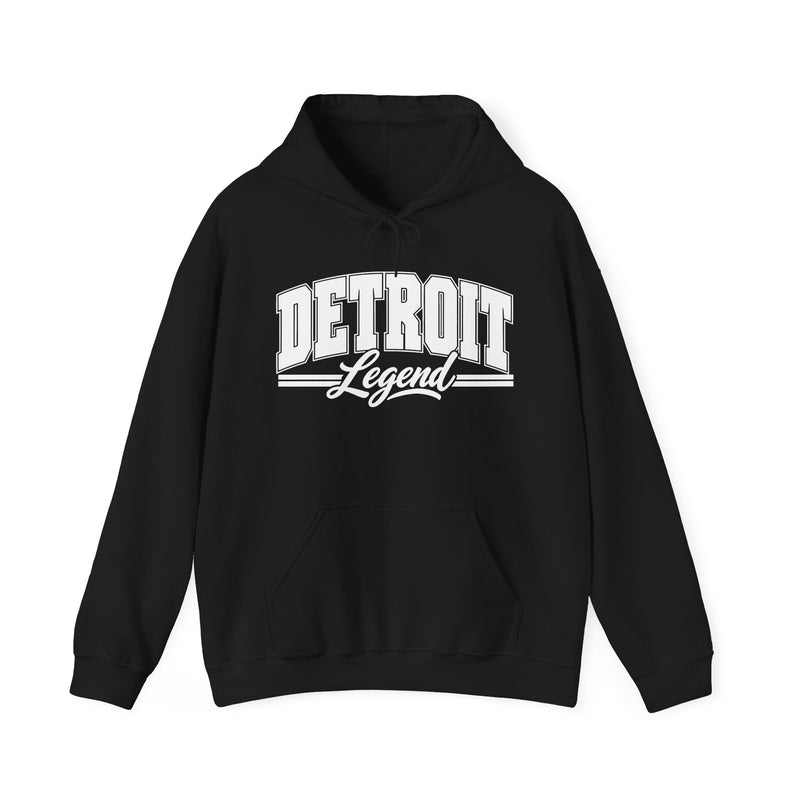 Hoodie product photo with arched collegiate block lettering reading "DETROIT" with the word "Legend" in script beneath, front view.