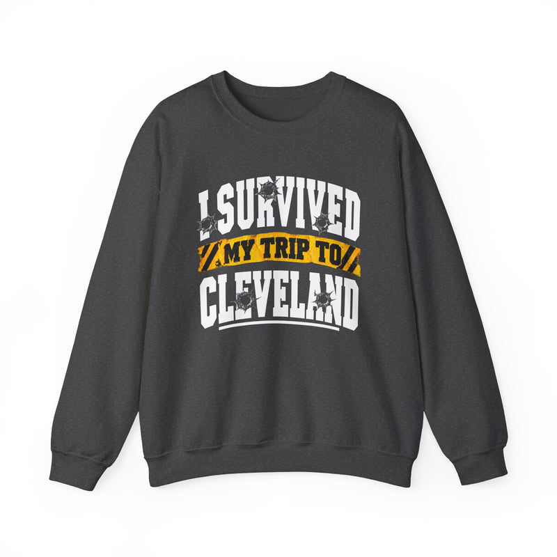 Sweatshirt product with collegiate lettering reading I SURVIVED MY TRIP TO CLEVELAND, lifestyle view.