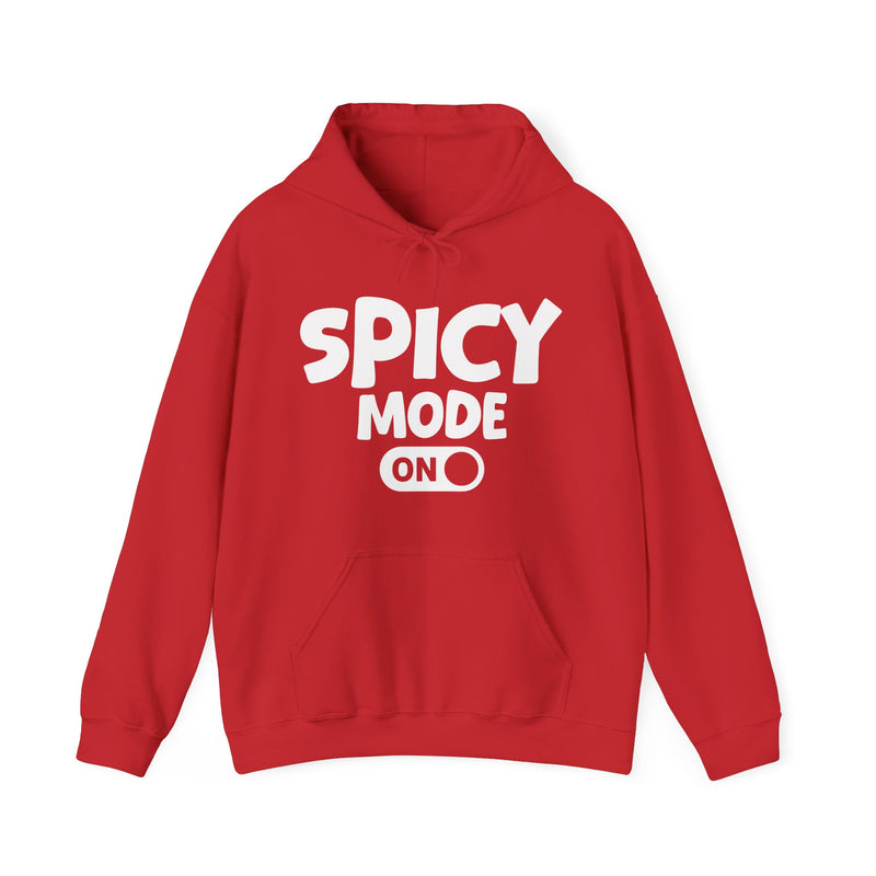 Red hoodie with white bold distressed lettering reading SPICY MODE ON, flat-lay view.