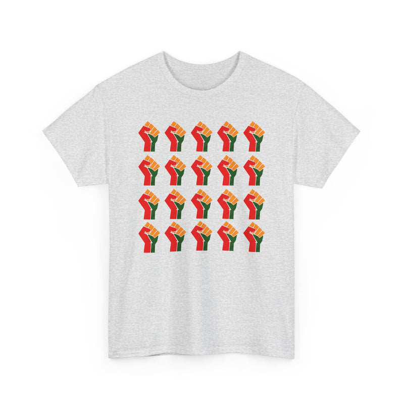 Ash gray t-shirt with a 4-by-5 grid pattern of twenty red, black, and green raised-fist icons, front view.