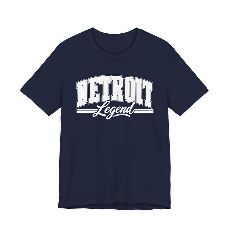T-Shirt product photo with arched collegiate block lettering reading "DETROIT" with the word "Legend" in script beneath, front view.