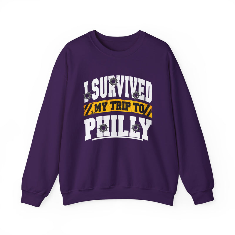 Sweatshirt with bold lettering reading I SURVIVED MY TRIP TO PHILLY, product view.