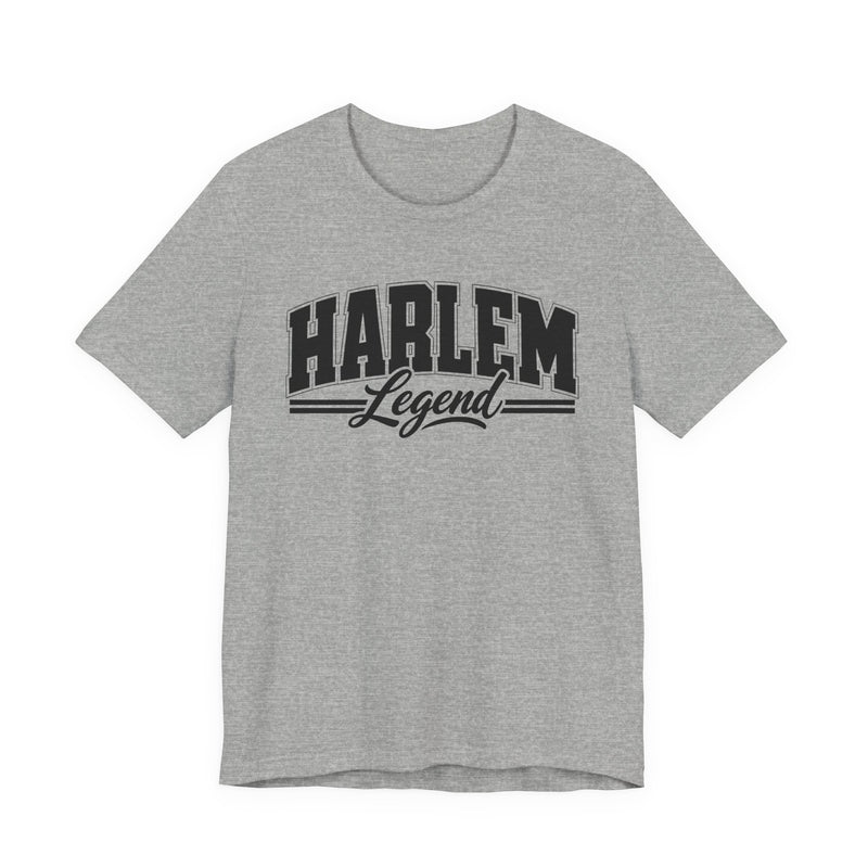 T-Shirt product with collegiate lettering reading HARLEM LEGEND, lifestyle view.