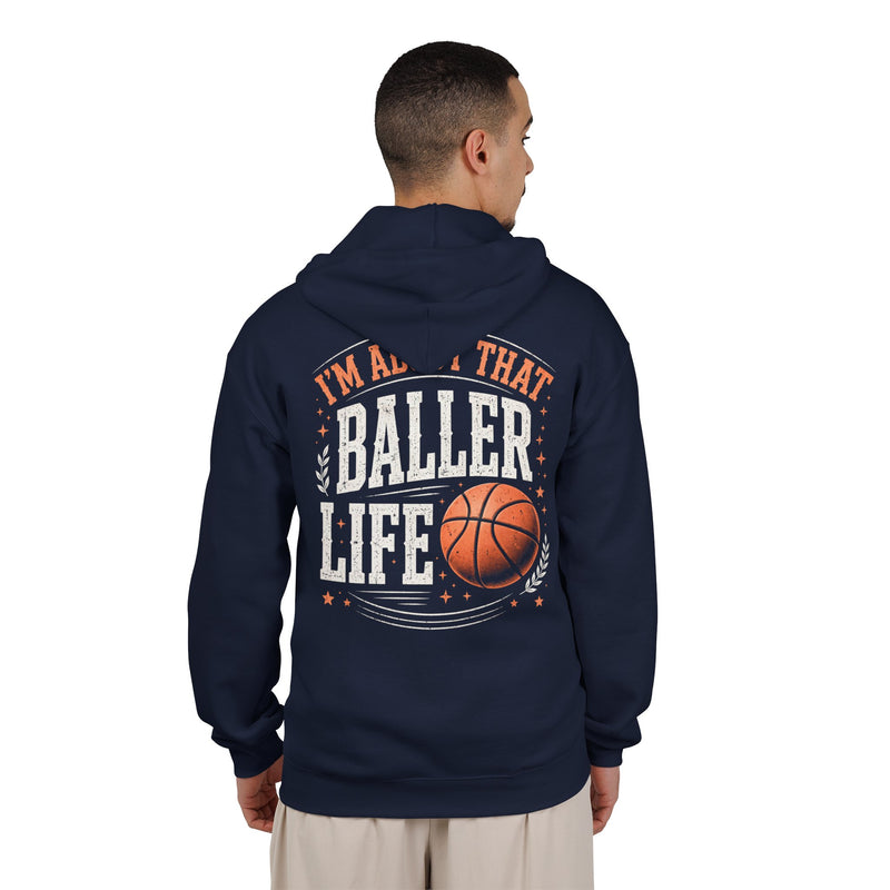 White zip hoodie with white and orange lettering reading "I'M ABOUT THAT BALLER LIFE", back on-model lifestyle view.