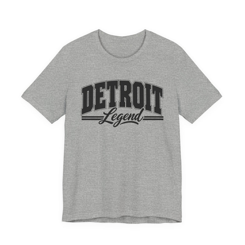 T-Shirt product photo with arched collegiate block lettering reading "DETROIT" with the word "Legend" in script beneath, front view.