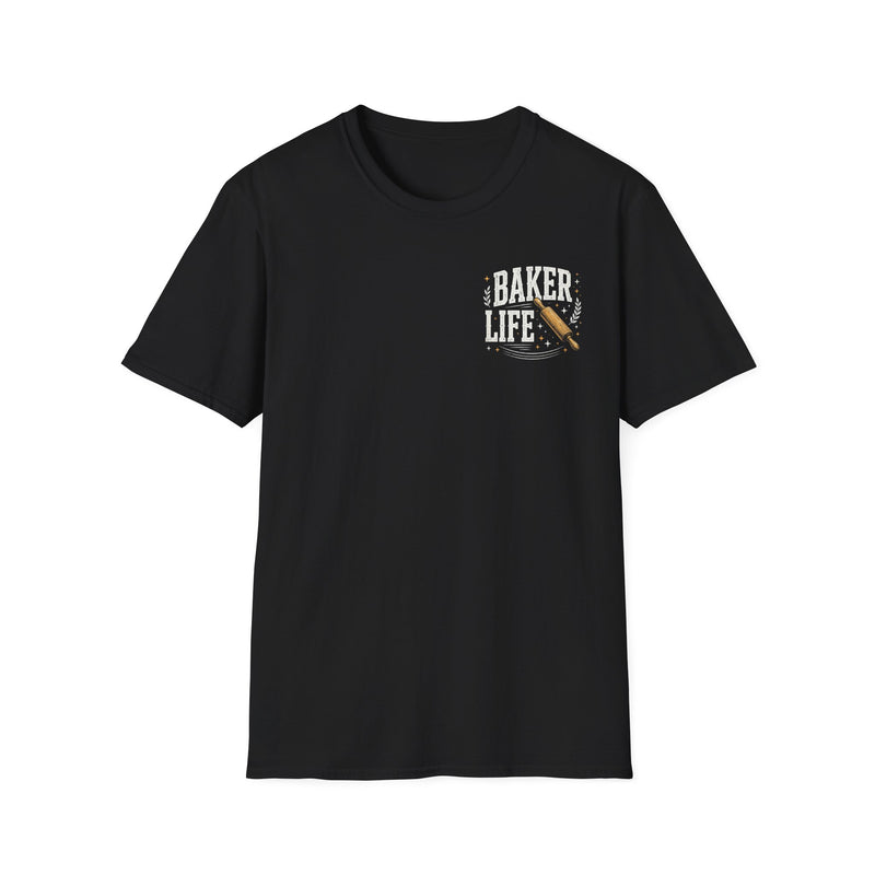 Black t-shirt with white lettering reading "BAKER LIFE", front view.