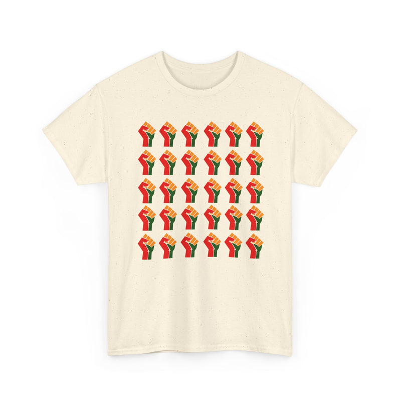 Natural t-shirt with a dense 6-by-5 grid pattern of thirty red, black, and green raised-fist icons, front view.