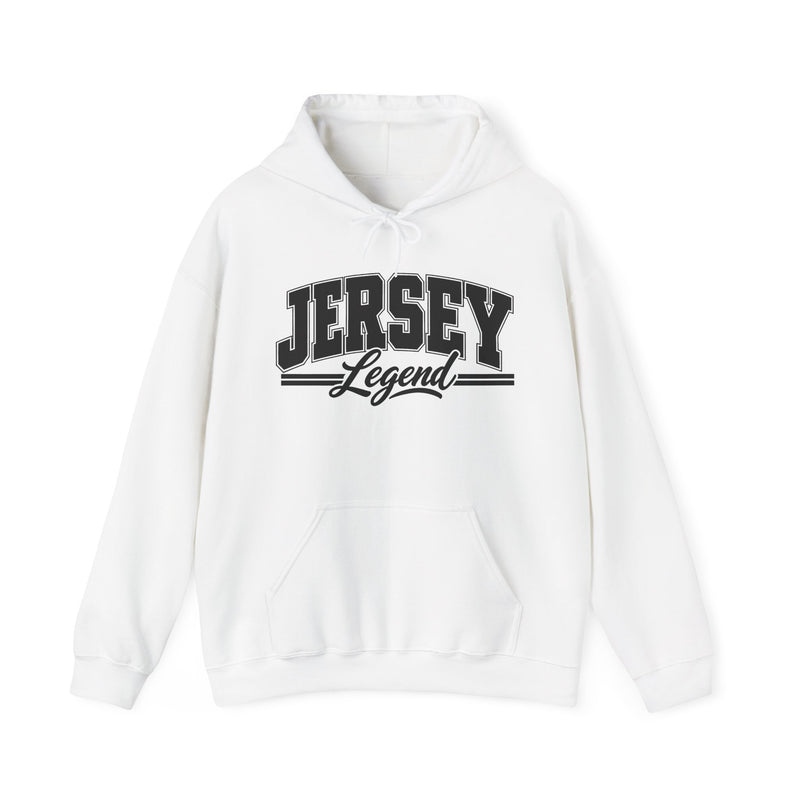 Hoodie product photo with arched collegiate block lettering reading "JERSEY" with the word "Legend" in script beneath, front view.