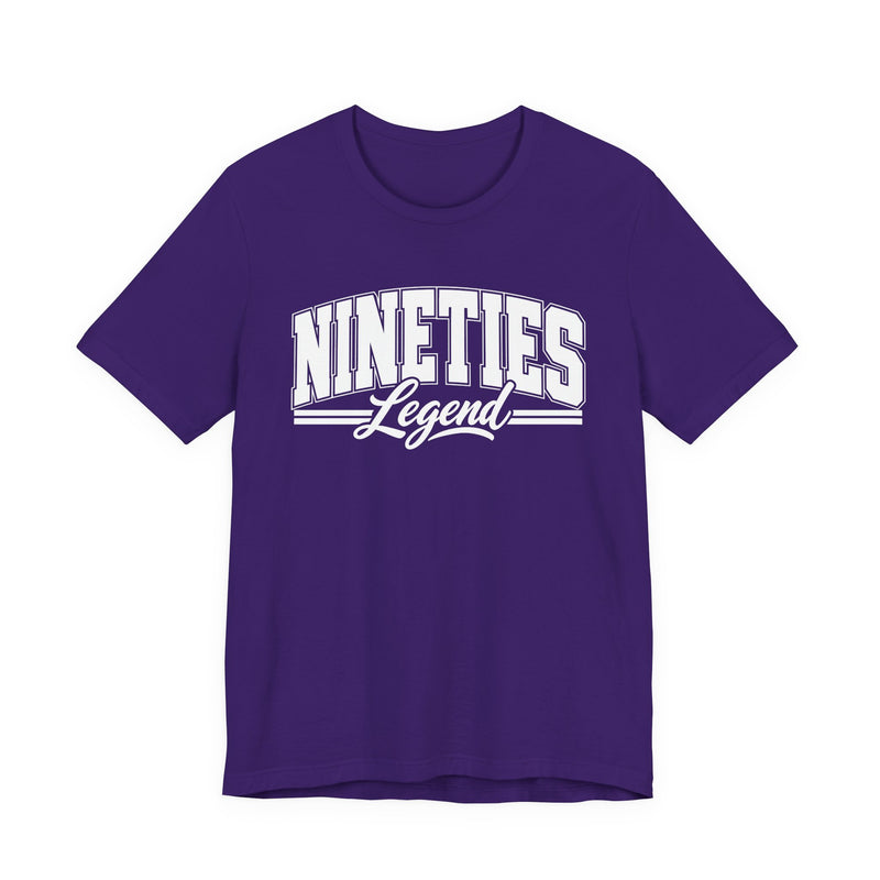T-shirt with bold lettering reading NINETIES LEGEND, product view.