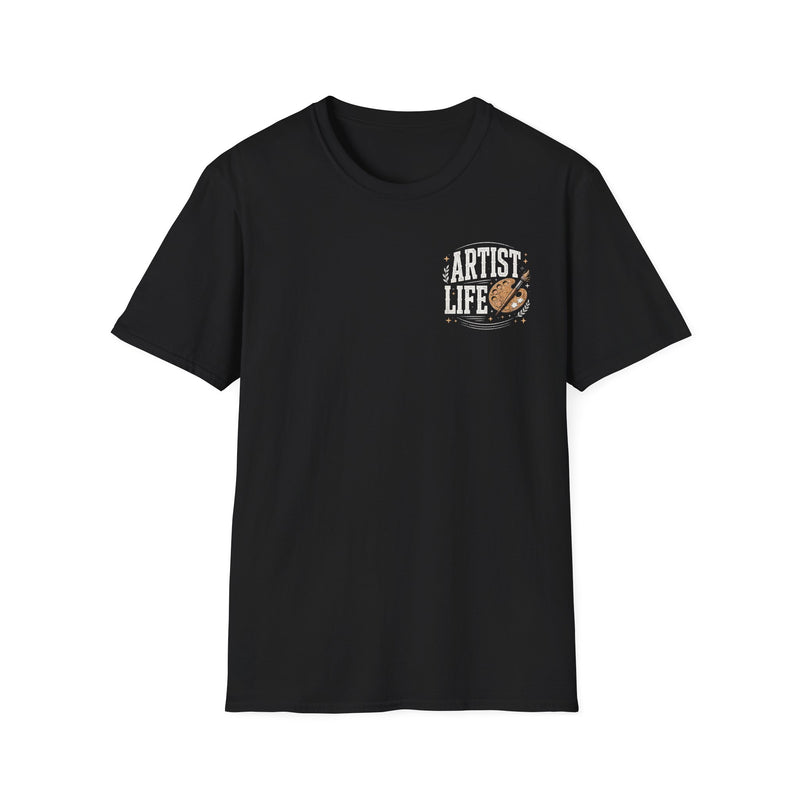 Black t-shirt with white and gold chest lettering reading "ARTIST LIFE", front flat-lay view.