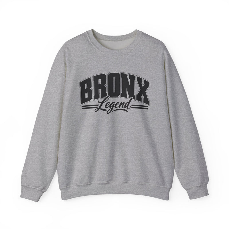 Sweatshirt product photo with arched collegiate block lettering reading "BRONX" with the word "Legend" in script beneath, front view.