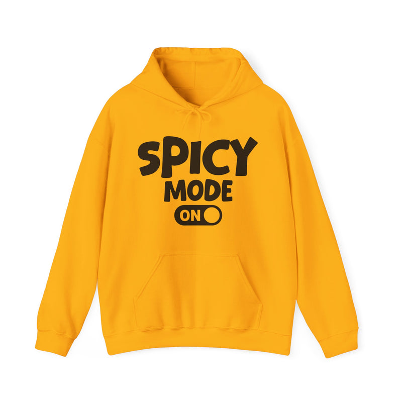 Gold hoodie with white bold distressed lettering reading SPICY MODE ON, flat-lay view.