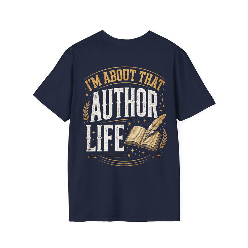 Navy t-shirt with white and gold bubble lettering reading I'M ABOUT THAT AUTHOR LIFE, back.