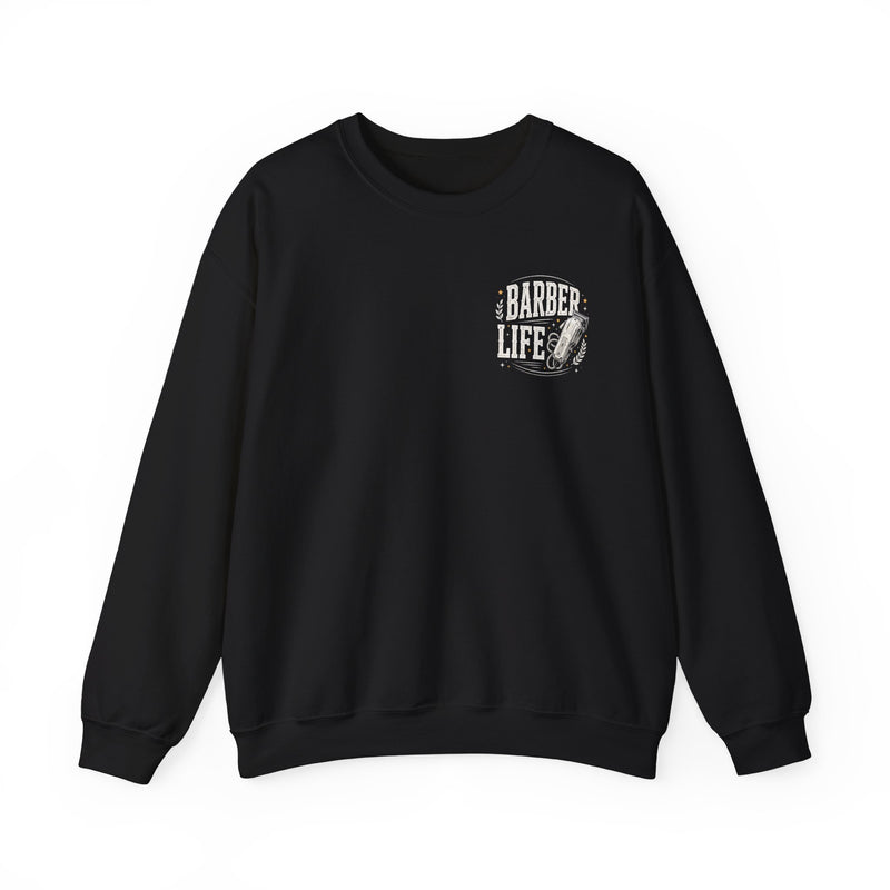 Black sweatshirt with white and orange distressed trade lettering reading BARBER LIFE, front view (left-chest print).