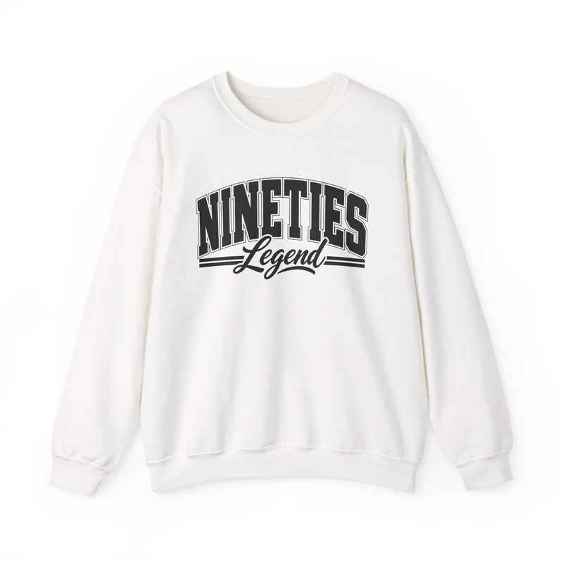 Sweatshirt with bold lettering reading NINETIES LEGEND, product view.