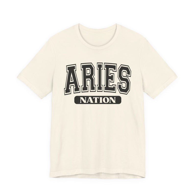 Natural t-shirt with black arched collegiate ARIES lettering and boxed NATION banner, front view.