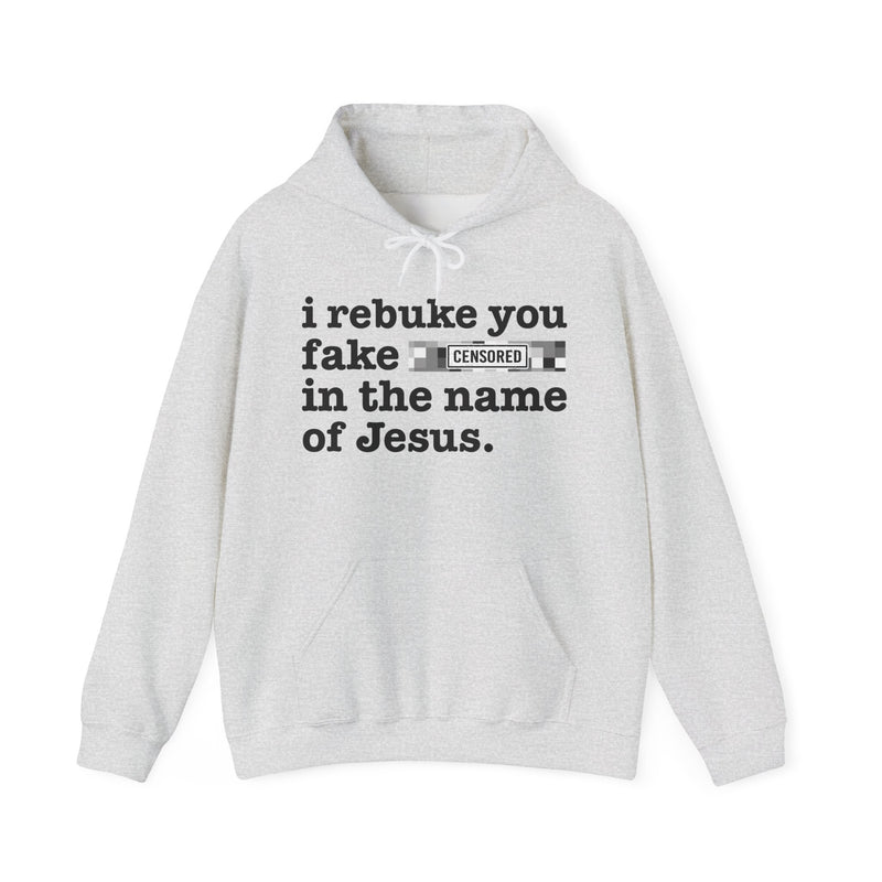 Ash hoodie with black lettering reading I REBUKE YOU FAKE BITCHES IN THE NAME OF JESUS, front view.