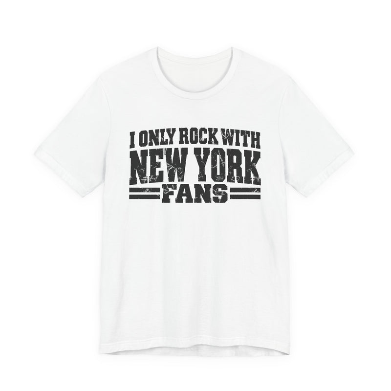 T-Shirt with bold bubble lettering reading "I ONLY ROCK WITH DENVER FANS", front flat-lay view.