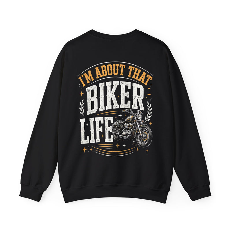 Black sweatshirt with white and gold western lettering reading "I'M ABOUT THAT BIKER LIFE", back flat-lay view.