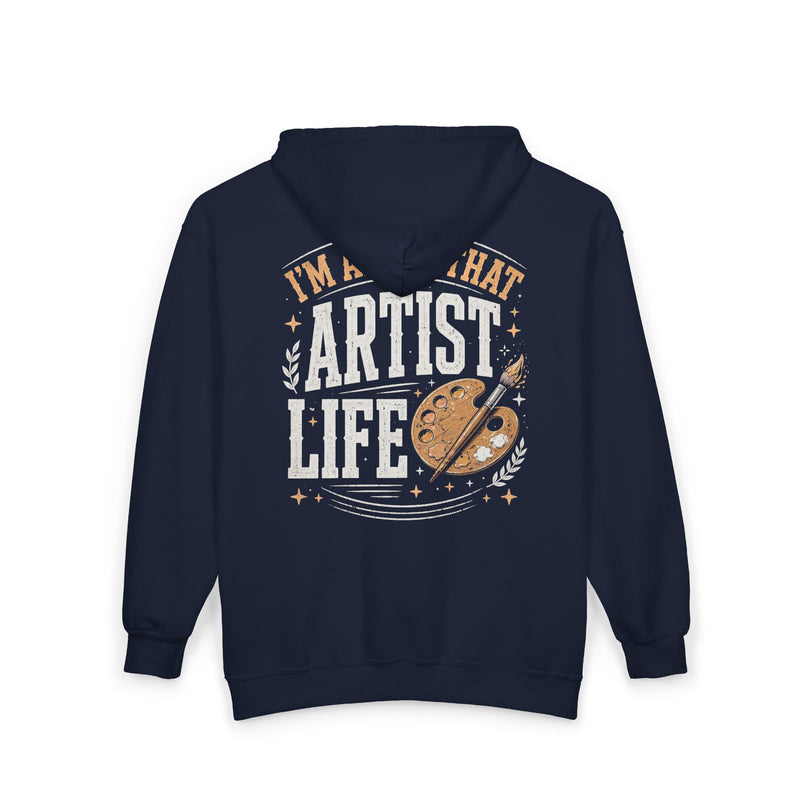 Black hoodie with white and gold bubble lettering reading I'M ABOUT THAT ARTIST LIFE, alternate view.