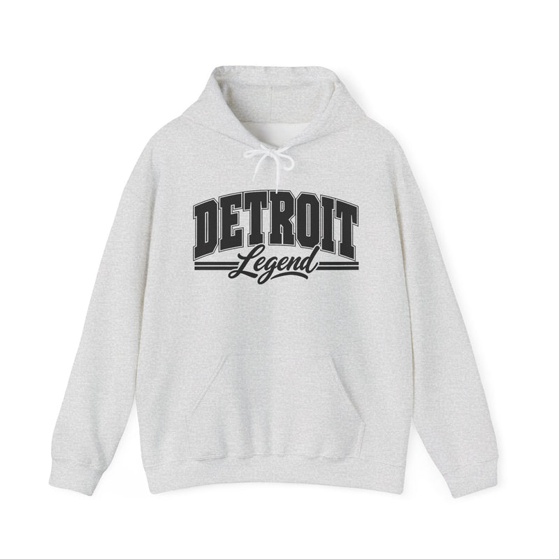 Hoodie product photo with arched collegiate block lettering reading "DETROIT" with the word "Legend" in script beneath, front view.