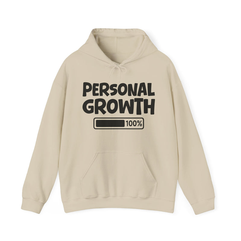 Hoodie in Sand with lettering reading "PERSONAL GROWTH 100% LOADED", front view.