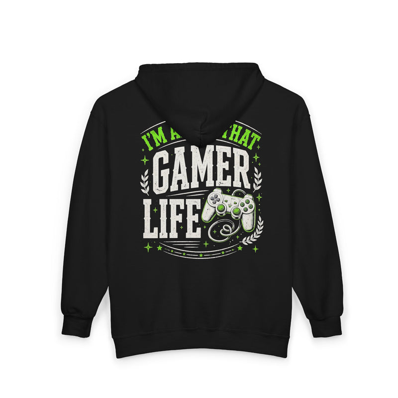 Black zip hoodie with white and green bubble lettering reading I'M ABOUT THAT GAMER LIFE, back.
