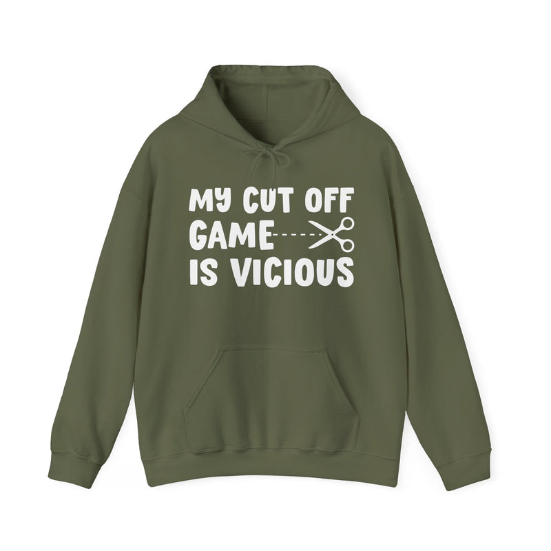 Olive hoodie with white collegiate lettering reading MY CUTOFF GAME IS VICIOUS, flat-lay view.
