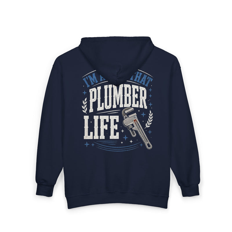 Navy zip hoodie with blue and white bubble lettering reading I'M ABOUT THAT PLUMBER LIFE, back view.