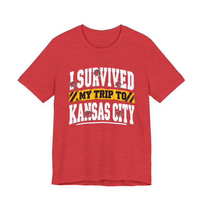 T-Shirt product with collegiate lettering reading I SURVIVED MY TRIP TO KANSAS CITY, detail close-up.