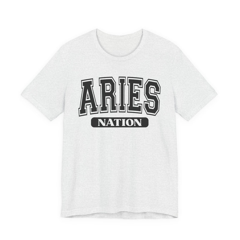 Ash t-shirt with black arched collegiate ARIES lettering and boxed NATION banner, front view.