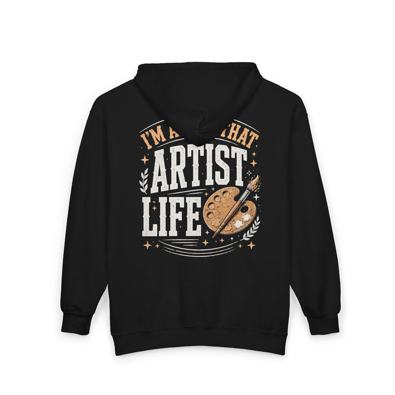 Black hoodie with white and gold bubble lettering reading I'M ABOUT THAT ARTIST LIFE, alternate view.