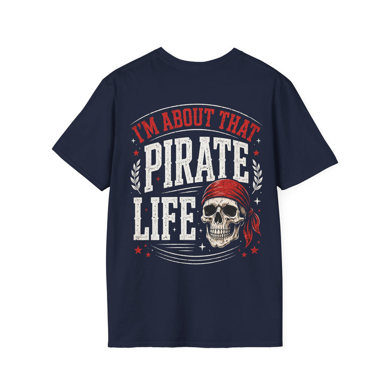 Black t-shirt with multicolor retro I'M ABOUT THAT PIRATE LIFE lettering and skull graphic, alternate view.