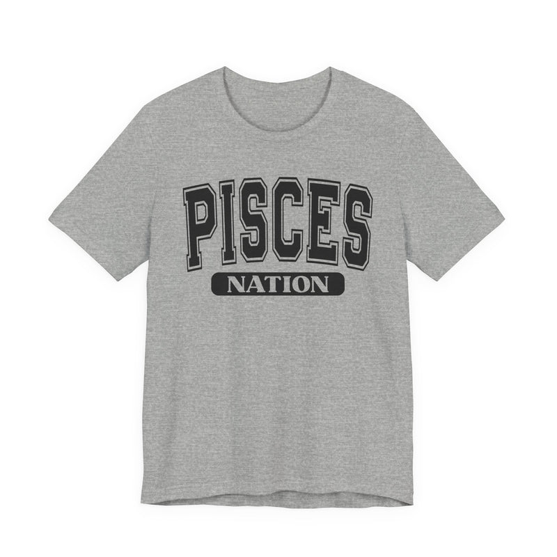 Sport gray T-shirt with black arched collegiate PISCES lettering and boxed NATION print, front view.