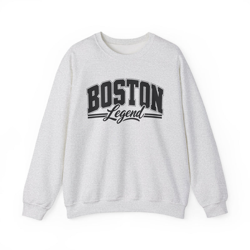 Sweatshirt with collegiate lettering reading BOSTON LEGEND, front view.