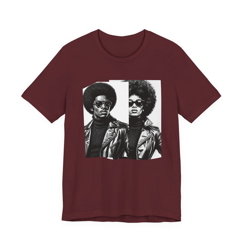 Maroon t-shirt featuring a 70s-style portrait design, flat-lay view.