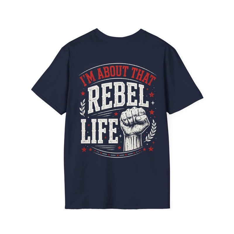 Navy t-shirt with small I'M ABOUT THAT REBEL LIFE chest emblem, alternate view.