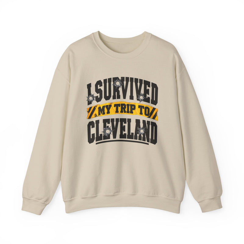 Sweatshirt product with collegiate lettering reading I SURVIVED MY TRIP TO CLEVELAND, on-model view.