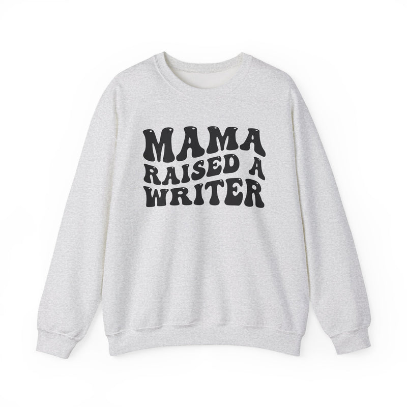 Mama Raised A Writer — Sweatshirt fabric detail close-up: MAMA RAISED A WRITER in bold statement lettering. Street Talk Designs mama statement apparel.