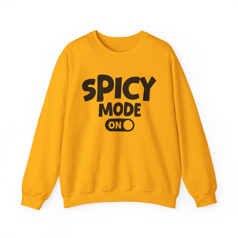 Orange sweatshirt with white bold distressed lettering reading SPICY MODE ON, flat-lay view.