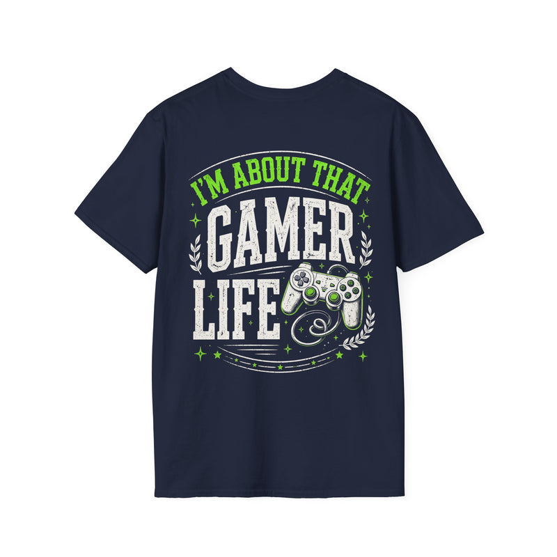 Black t-shirt with white and green bubble lettering reading I'M ABOUT THAT GAMER LIFE, alternate view.