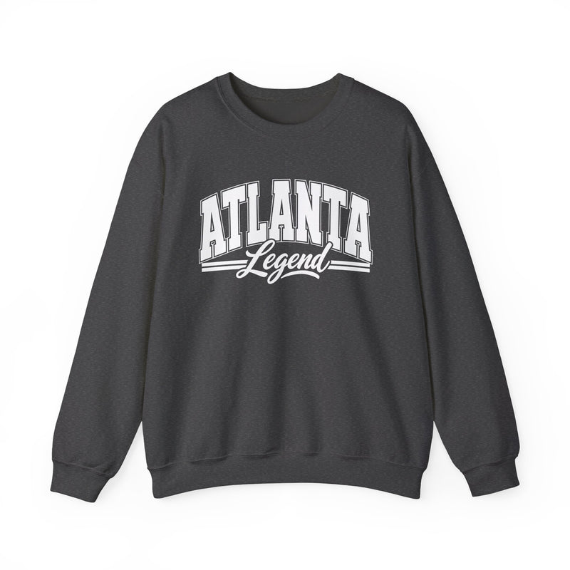 Charcoal sweatshirt with white varsity block and script lettering reading ATLANTA LEGEND, front flat-lay view.