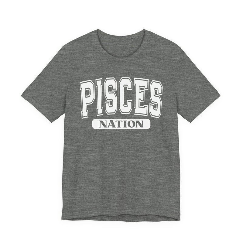 Dark gray heather T-shirt with white arched collegiate PISCES lettering and boxed NATION print, front view.