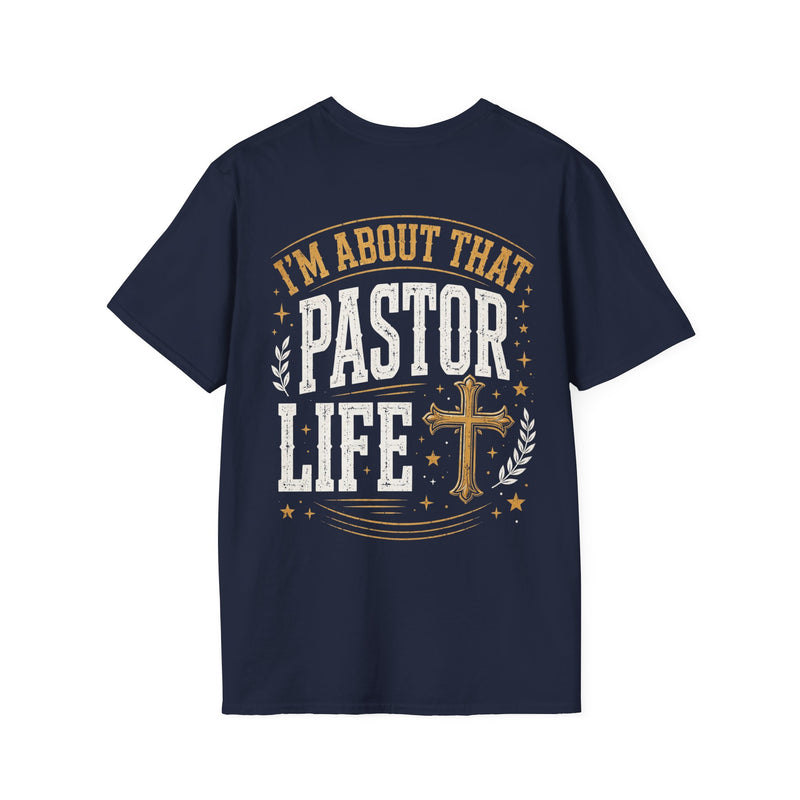 T-Shirt with text design reading “I'M ABOUT THAT PASTOR LIFE”, front view